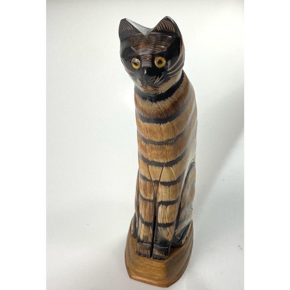 Carved Wooden Striped Cat Figurine Made in Thailand 7 in Tall Brown Black Unique - Picture 2 of 9